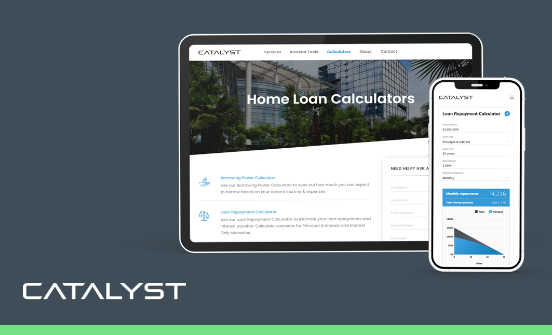 Calculator in tablet and mobile device. Catalyst logo