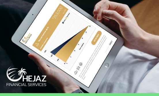 Tablet with calculator. Hejaz Financial Services logo